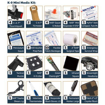 K-9 Mini Medic Kit components including tourniquet, gauze, muzzles, surgical wrap, and emergency gear.