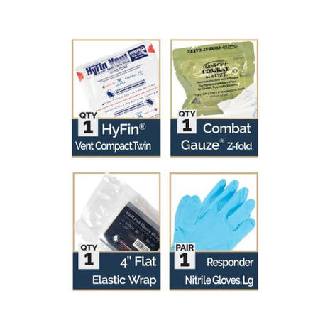 Everyday Carry EDC Wallet Kit contents including HyFin Vent, Combat Gauze, Elastic Wrap, and Nitrile Gloves.