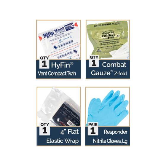 Everyday Carry EDC Wallet Kit contents including HyFin Vent, Combat Gauze, Elastic Wrap, and Nitrile Gloves.