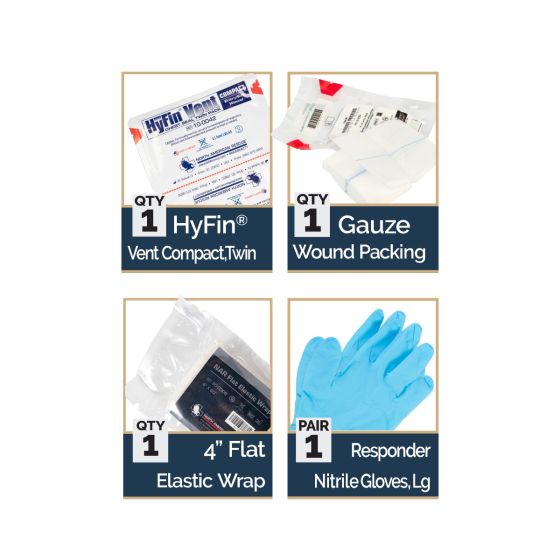 Everyday Carry trauma gear components including HyFin Vent, gauze, flat elastic wrap, and nitrile gloves.