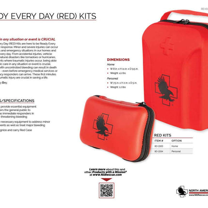 North American Rescue product info sheet for the RED Kit Personal and RED Kit Home