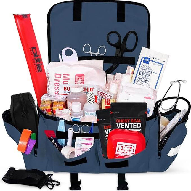 Fully stocked First Responder trauma medical bag filled with essential supplies for emergency care.