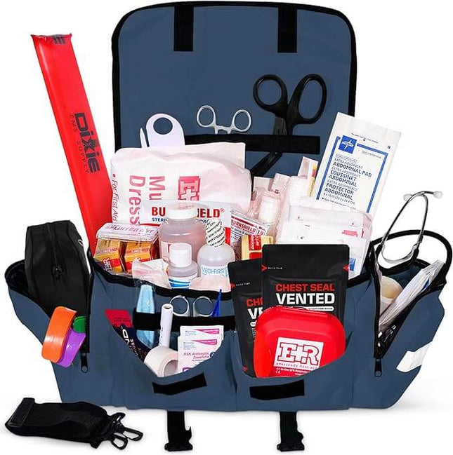 Fully stocked First Responder trauma medical bag filled with essential supplies for emergency care.