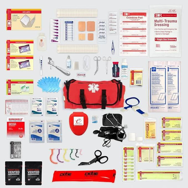 First Responder trauma care medical bag filled with essential emergency supplies, dressings, and diagnostic tools.