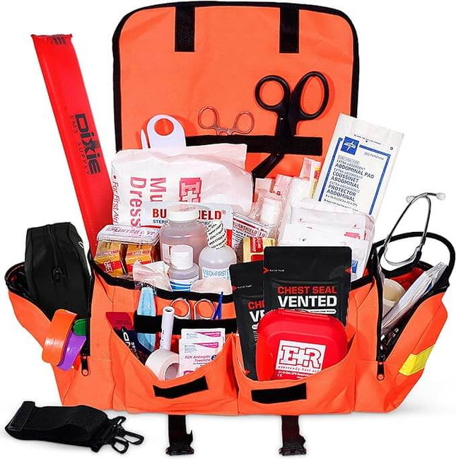 First Responder trauma care medical bag fully stocked with essential supplies for emergency situations.