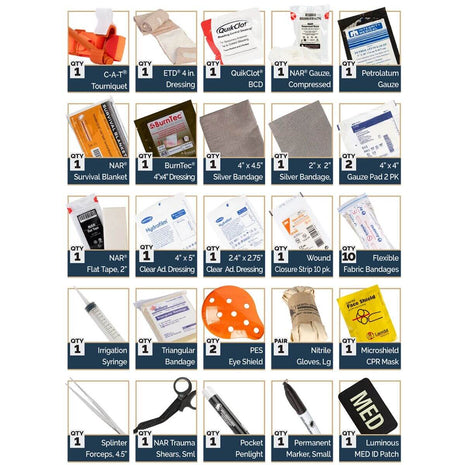 Image of Solo IFAK components including bandages, dressings, and trauma tools for first aid.