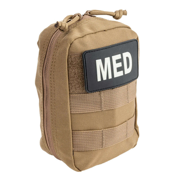 Solo IFAK individual first aid kit in tan with a MED patch on the front, designed for emergency trauma care.