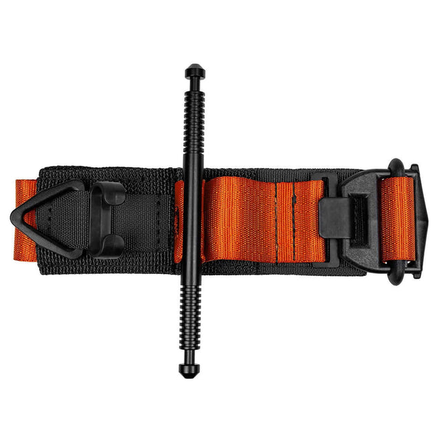 Top view of SOF Tourniquet GEN 4 with black and orange straps and windlass for stabilization.