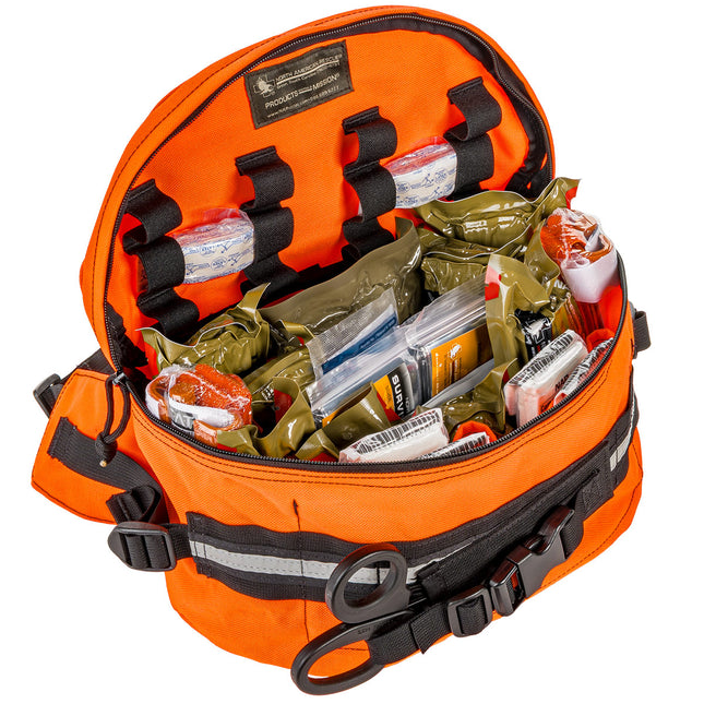 Orange backpack with compartments filled with various items on a white background