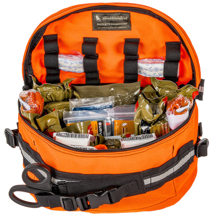 Orange emergency backpack with supplies on a white background