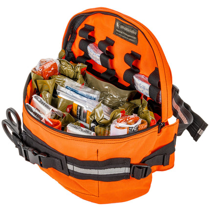 Orange backpack with food supplies on a white background