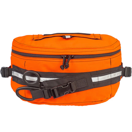 Orange bag with black straps and reflective elements on a white background