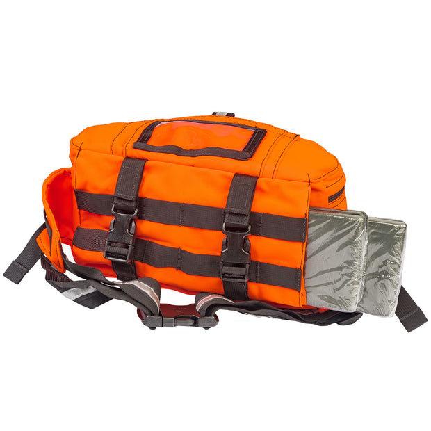 Orange backpack with black straps on a white background