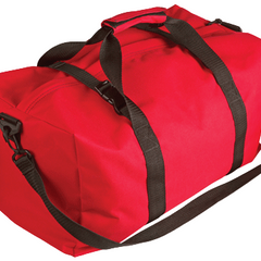 Red duffel bag with black straps on a white background