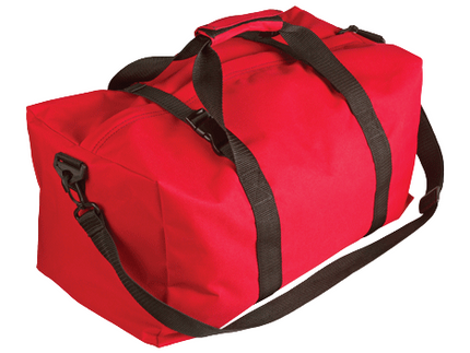 Red duffel bag with black straps on a white background