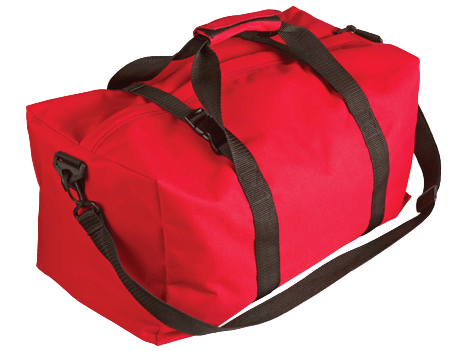 Red duffel bag with black straps on a white background