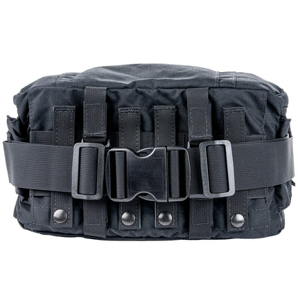 Black tactical belt with multiple straps and buckles on a white background