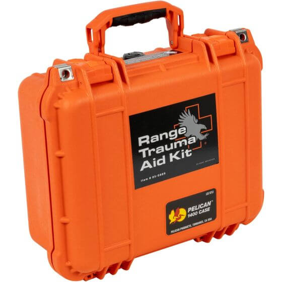 Range Trauma Aid Kit in an orange hard case designed for treating injuries on the shooting range.
