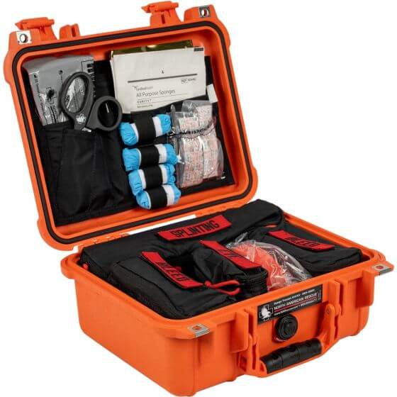 Range Trauma Aid Kit - Hard Case containing medical supplies for treating various injuries.