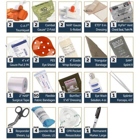 Range Trauma Aid Kit - Hard Case contents including tourniquets, dressings, bandages, and essential medical supplies.
