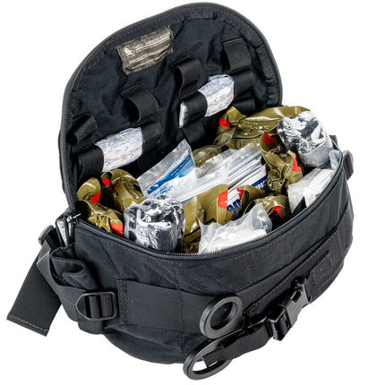 Black tactical bag with supplies on a white background