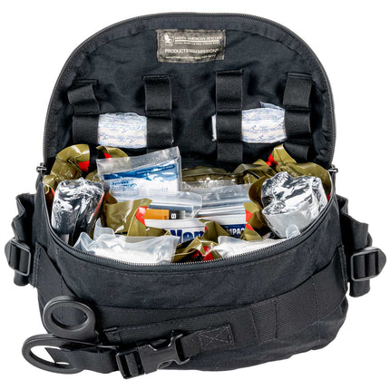 Black tactical bag with medical supplies on a white background