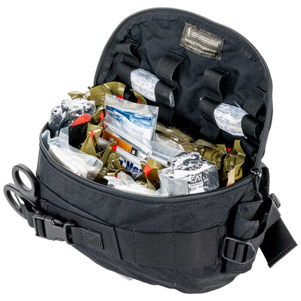 Black tactical bag with medical supplies on a white background