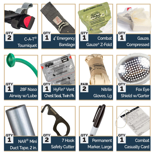 Grid of medical supplies with labels and quantities on a white background