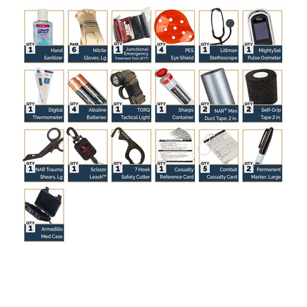 Grid of medical and safety supplies with labels on a white background