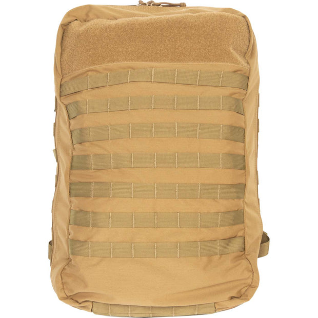 Tan backpack with multiple straps on a white background