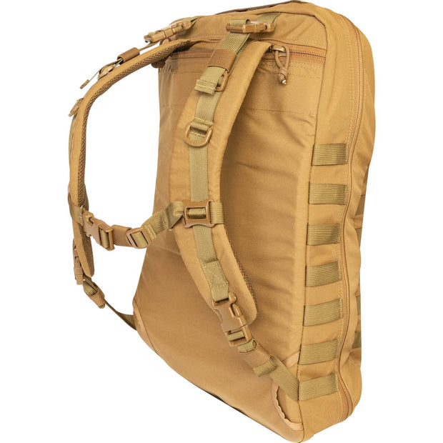 Tan backpack with multiple straps and compartments on a white background