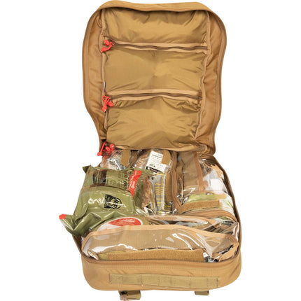 Open tan backpack with clear compartments on a white background