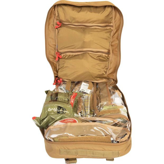 Open tan backpack with clear compartments on a white background