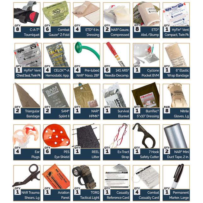 EOD Medical Kit components including tourniquets, dressings, and trauma supplies for explosive ordnance disposal operations.