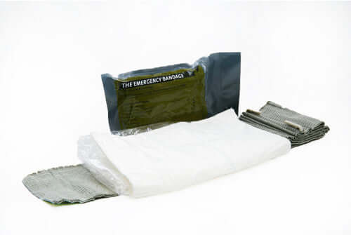 Israeli abdominal pad 8" emergency bandage pack, includes primary dressing and pressure applicator.