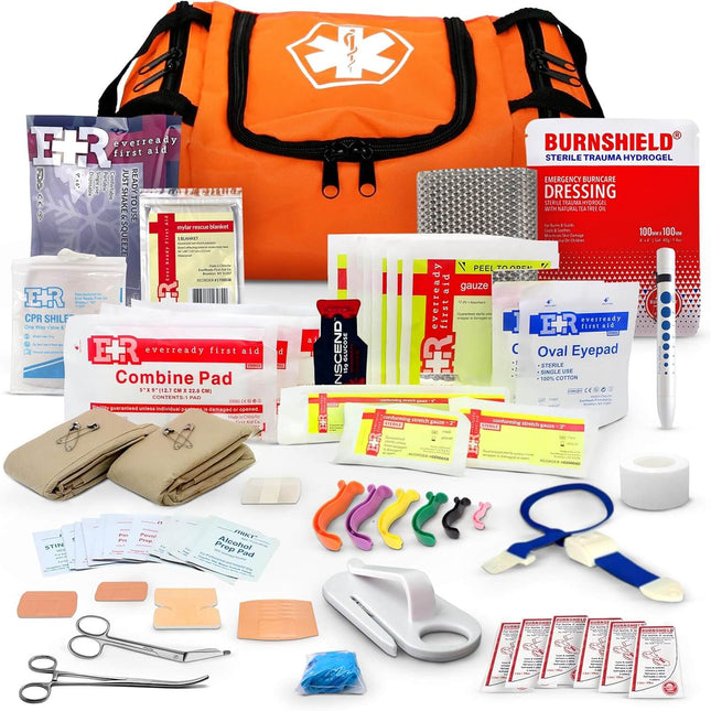 First Responder Trauma Kit with orange EMS bag, essential emergency medical supplies, bandages, and tools.