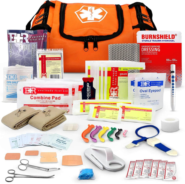 First Responder Trauma Kit with orange EMS bag, essential emergency medical supplies, bandages, and tools.