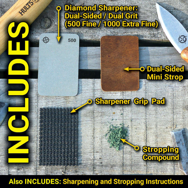 Tiny Knife Sharpener Kit - EDC with diamond sharpener, mini strop, grip pad, stropping compound, and instructions included.
