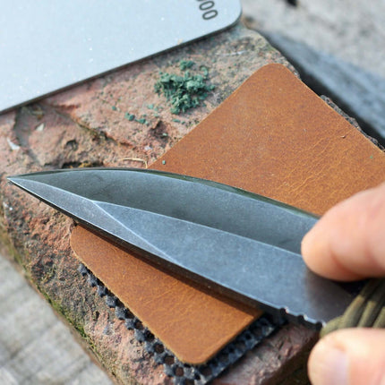 Tiny Knife Sharpener Kit - EDC being used on a knife blade with a mini strop and sharpening stone.