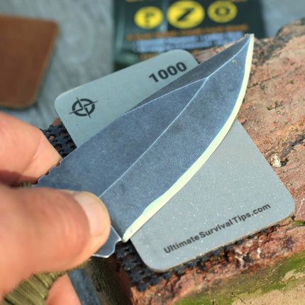 Tiny Knife Sharpener Kit - EDC used for sharpening a knife on a diamond stone during outdoor activities.