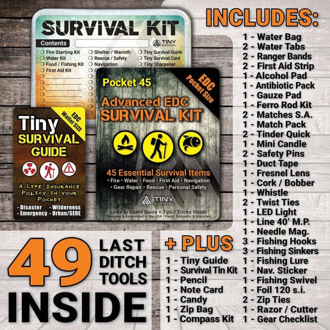 Image of P-49 Elite Survival Kit - Bundle showing contents like survival guide and tools for emergencies.