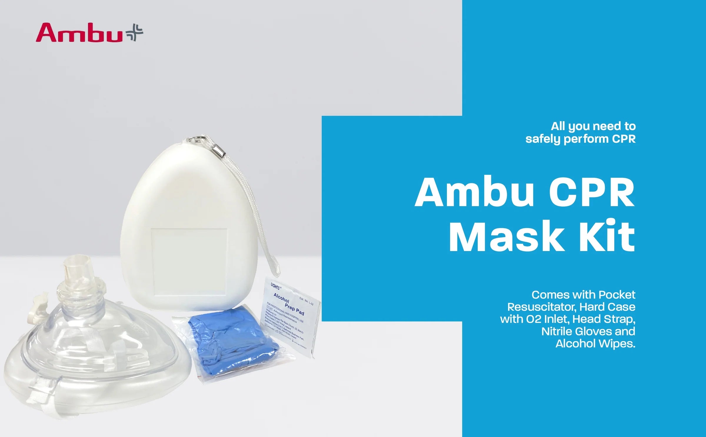 Ambu CPR Mask With O2 Inlet, Headstrap, Gloves, And Wipes, Blank No Logo