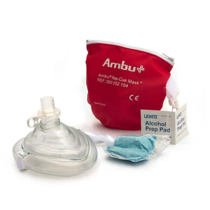 Ambu CPR Mask with O2 Inlet, Headstrap, Gloves, and Wipes in Soft Case Pouch