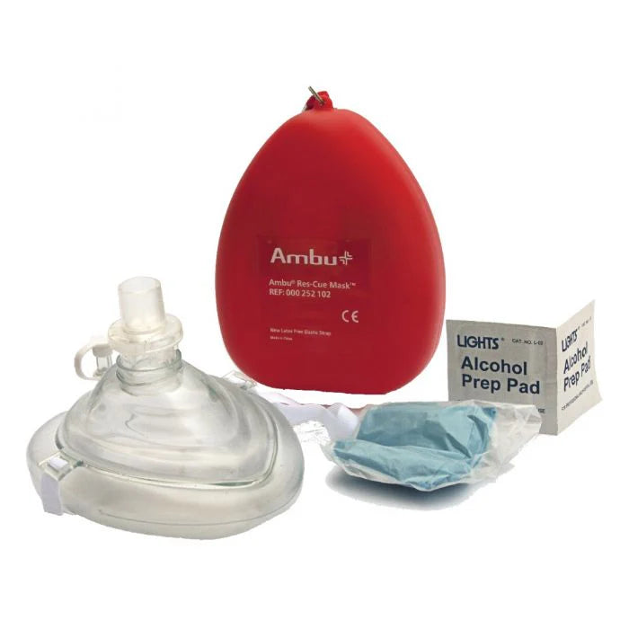 Ambu Red CPR Mask in Hard Case with O2 Inlet and Head Strap