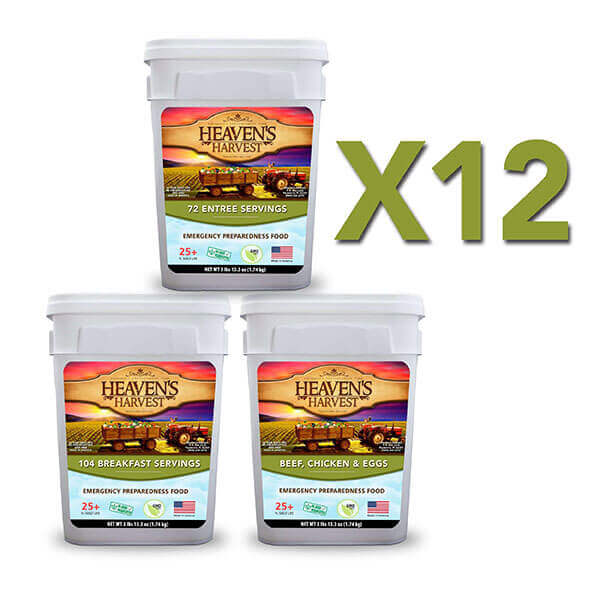 Emergency Survival Food Kit with 12 buckets: 72 entree servings, 104 breakfast servings, beef, chicken, and eggs.