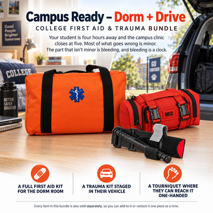 Campus Ready Dorm + Drive college first aid and trauma bundle displayed on a wooden table, featuring an orange first aid bag with a blue star of life emblem, a red medical bag, a tourniquet, and a trauma kit, with text overlays and icons explaining the bundle's features.