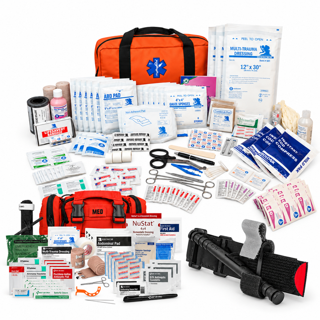 A comprehensive first aid and emergency preparedness kit arranged on a white background, featuring an orange medical bag, a red first aid pouch, bandages, antiseptics, scissors, tweezers, a tourniquet, and other medical supplies.