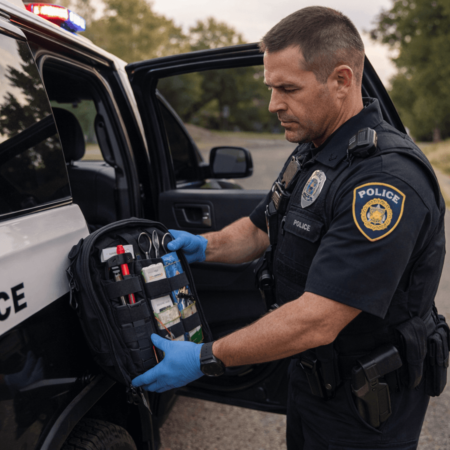 Police officer inspecting a medical kit from a patrol car, emphasizing preparedness and emergency response.