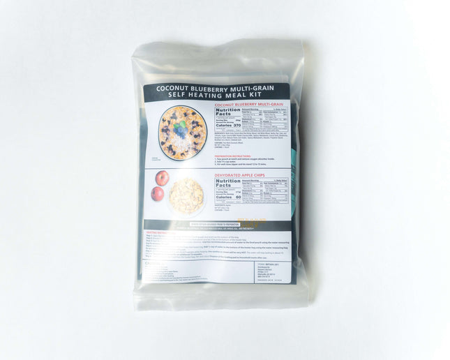 Self-Heating Meal Kit - Coconut Blueberry Multi-Grain packaging with nutrition facts and meal description.