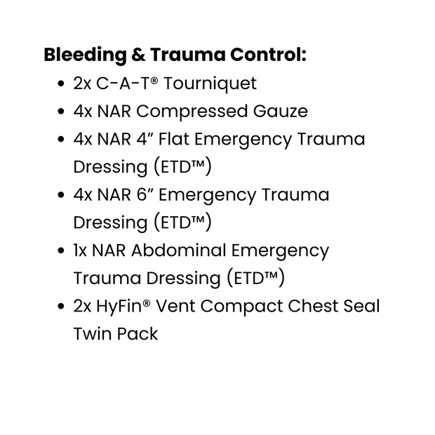 List of essential bleeding and trauma control supplies including tourniquets and emergency dressings.